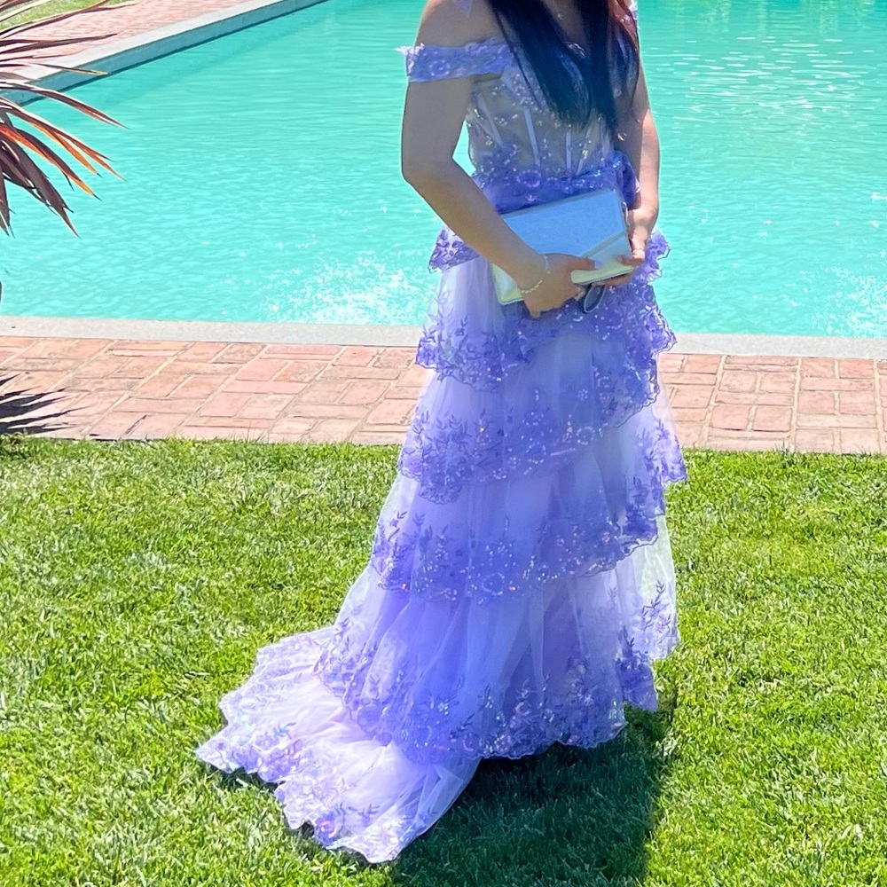 Purple Sequin Off-the-Shoulder Ruffle Tiered Long Gown